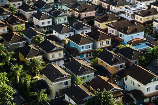 Many houses in a neighborhood
