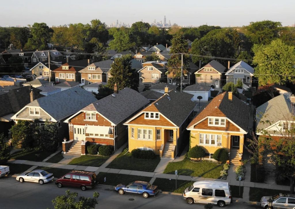 Aerial view of brick bungalows on a residential block in Berwyn, IL