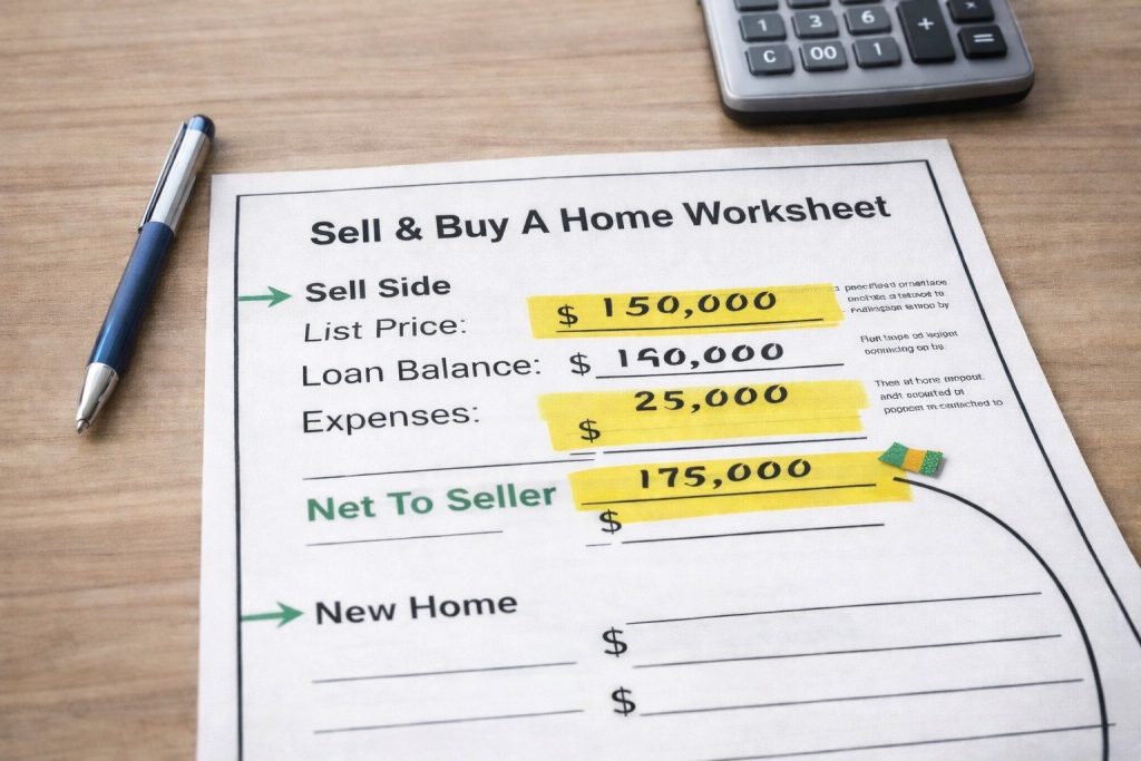 Close-up of seller net sheet worksheet highlighting list price, loan balance, expenses, and net to seller for Berwyn and Cicero homeowners.