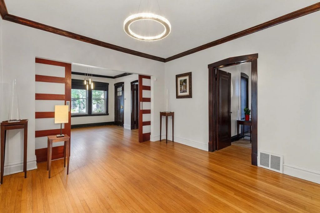 Open living and dining area with hardwood floors in a Berwyn, IL home