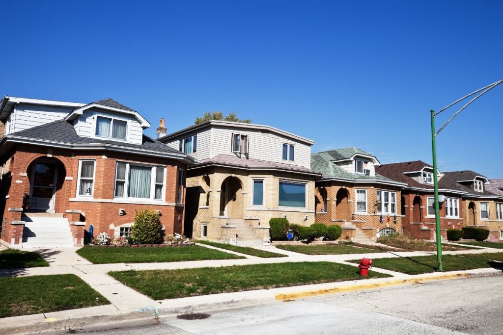 Brick bungalow exterior on a residential street in Cicero, IL