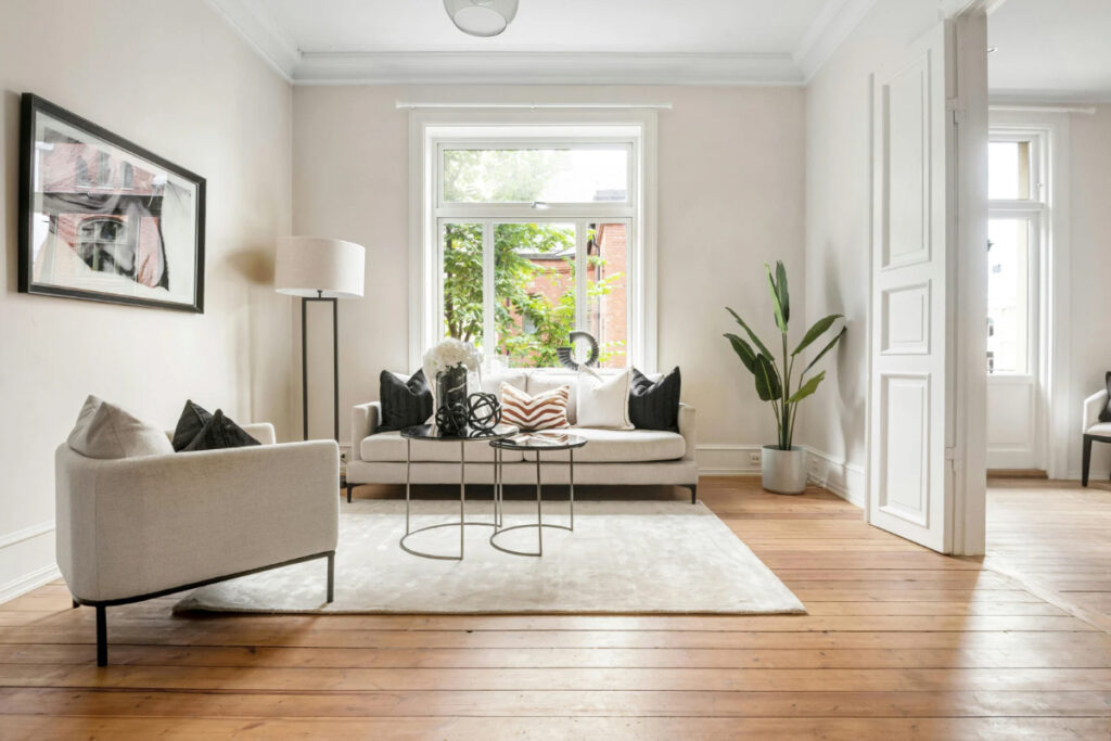 "Organized living room prepared for a home showing while occupied"